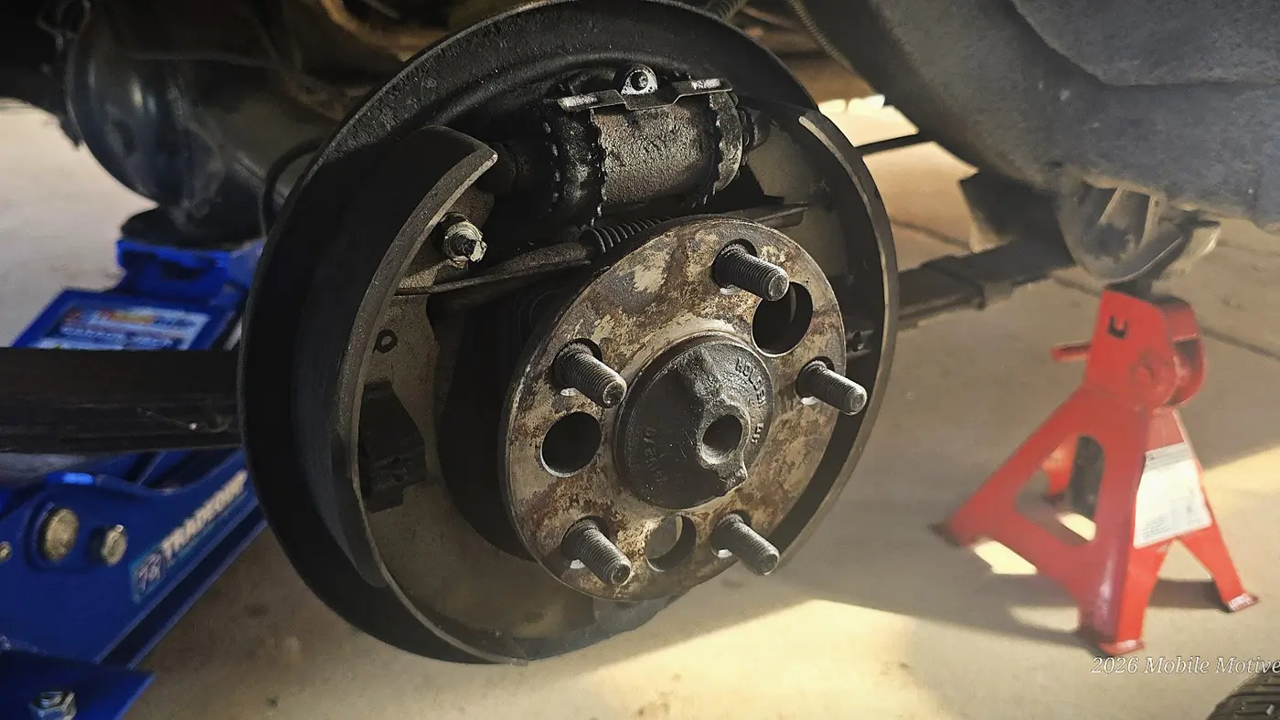 Mobile Motive rear drum brake inspection and repair