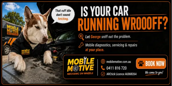 Mobile Motive George the husky banner promoting mobile diagnostics, servicing and repairs
