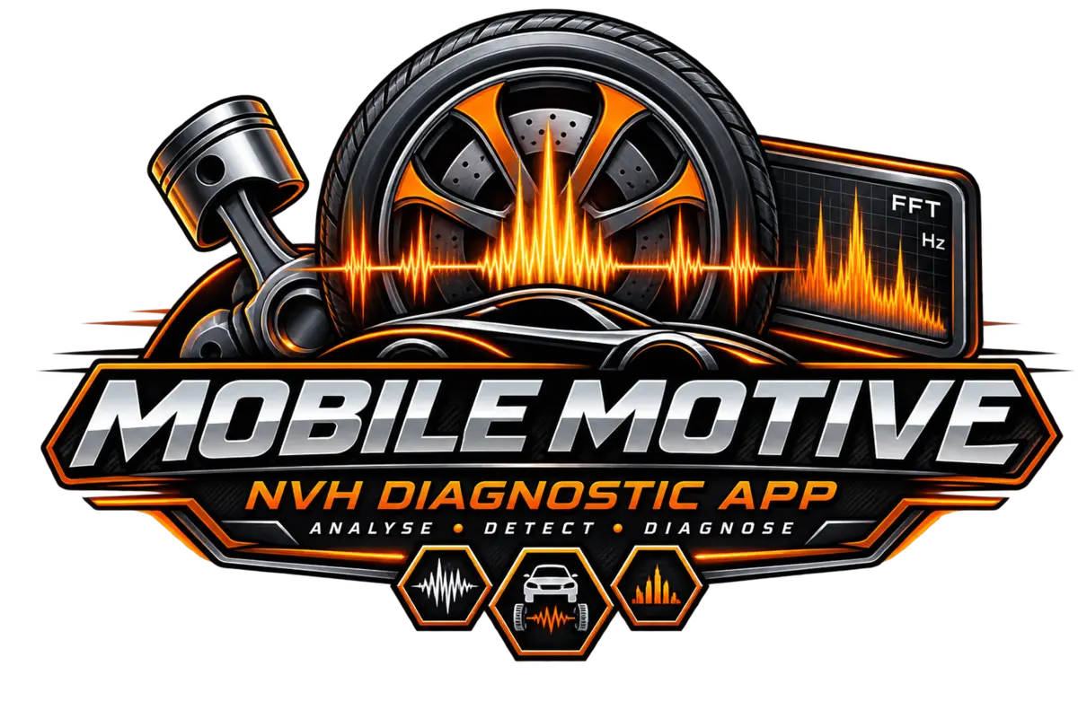 Mobile Motive NVH Diagnostic App logo showing a wheel, piston and FFT frequency graph