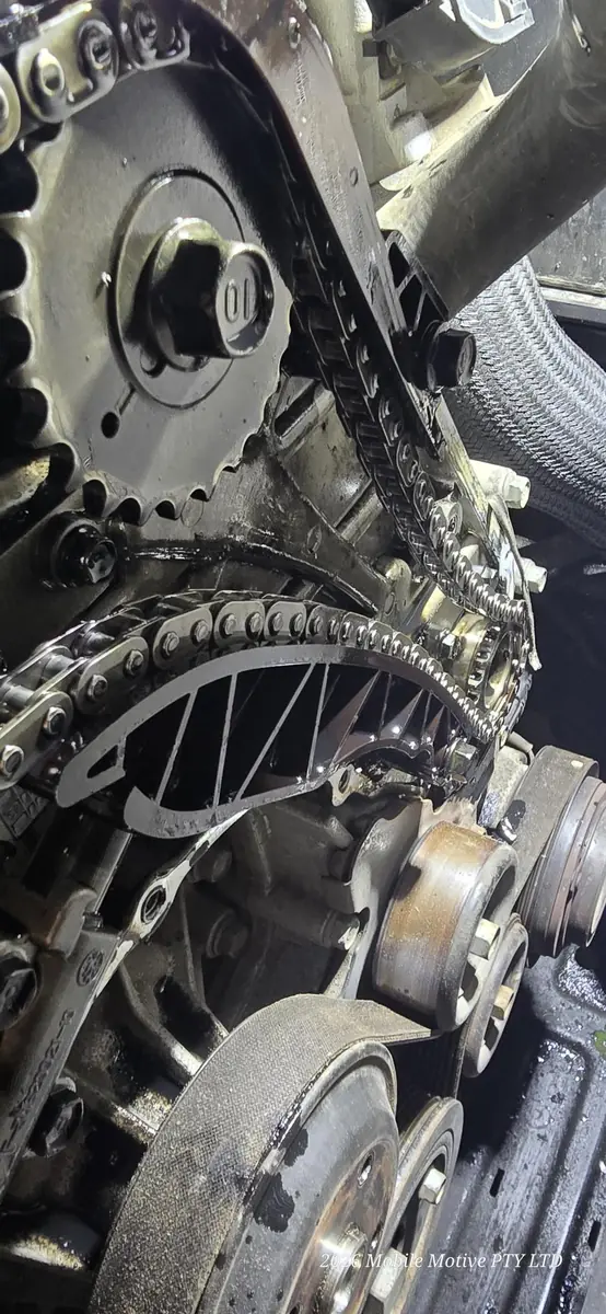 Engine timing components exposed during mechanical diagnosis and repair
